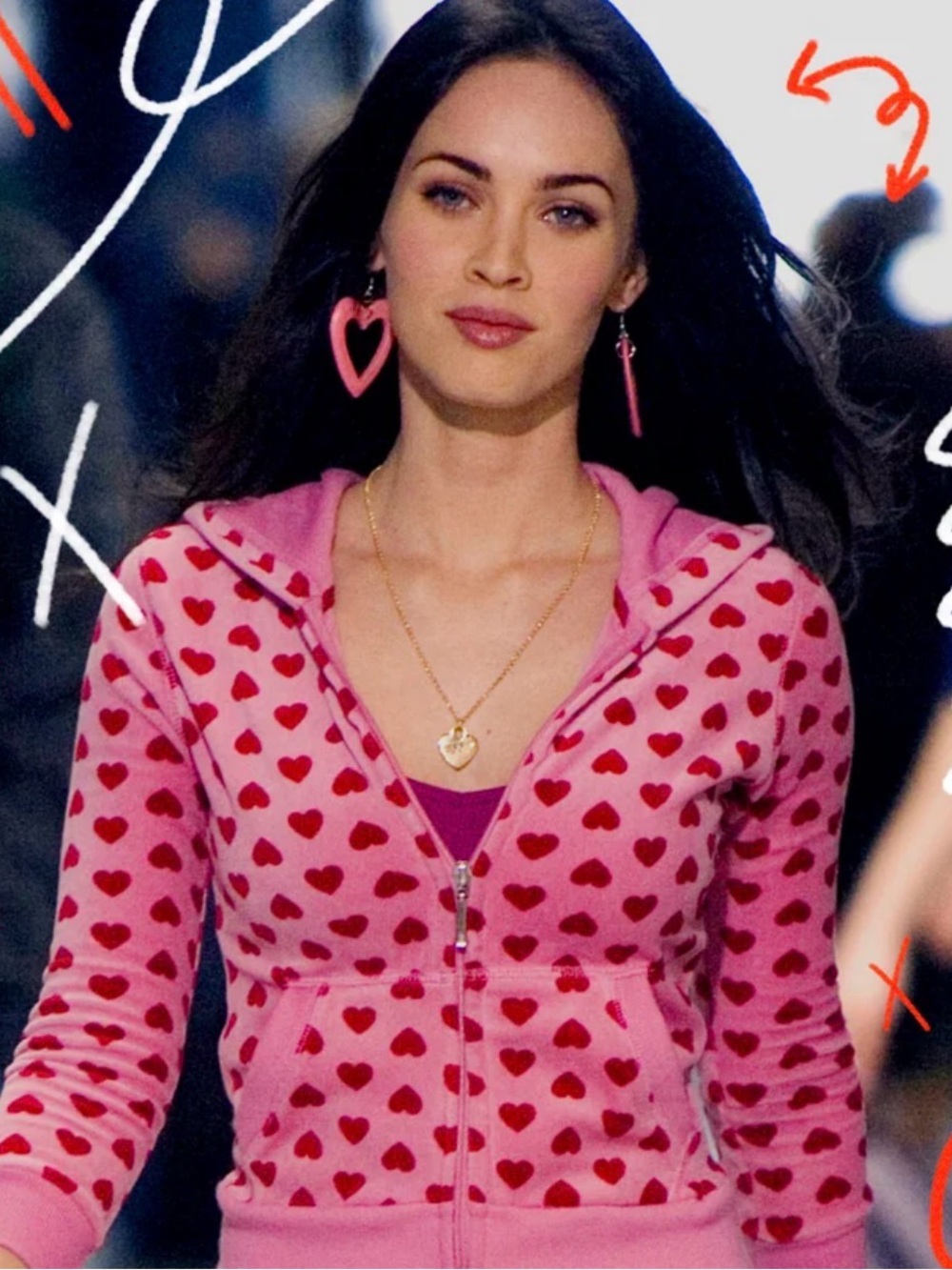 Pink Heart Print Zip-Up Hoodie - Women Tops- crop top